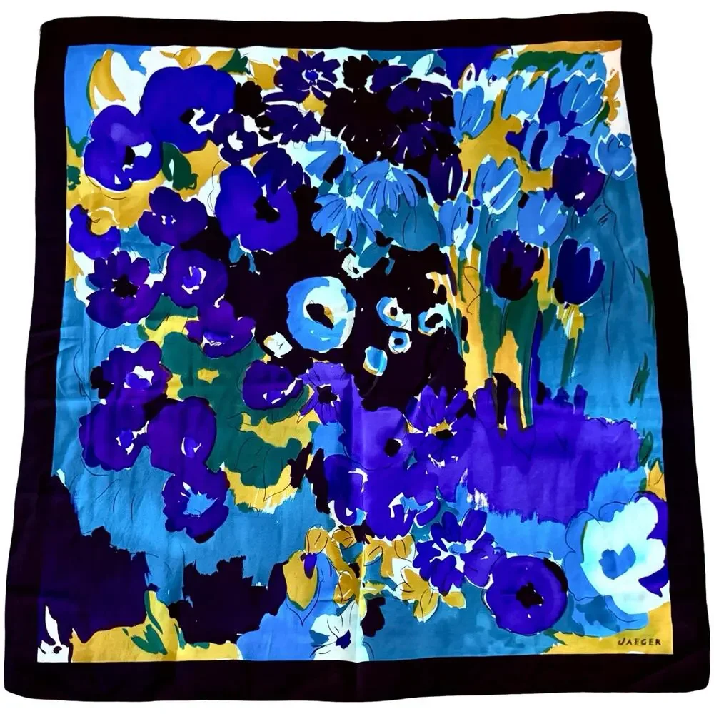 Jaeger 1980s Silk Scarf Blue Purple Abstract Floral 33x35 Made in Italy
